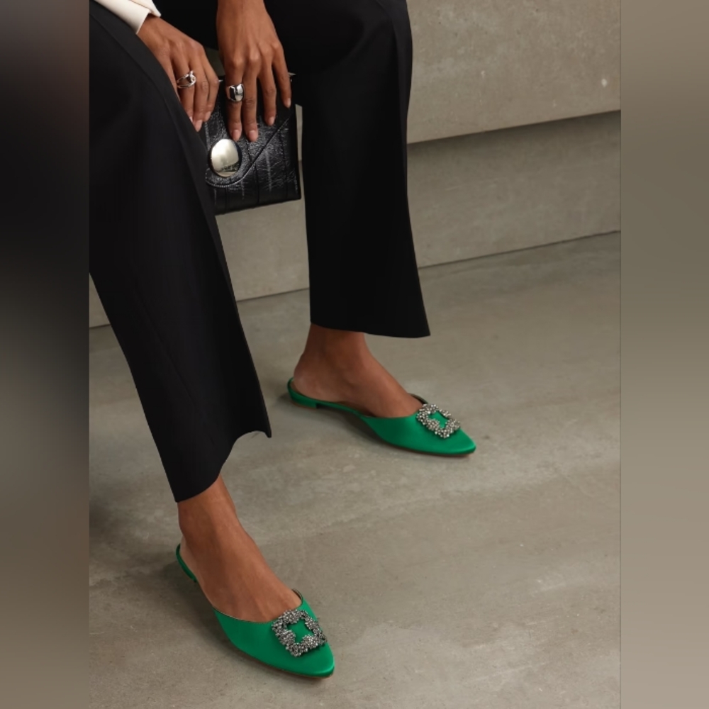 Manolo Blahnik Green Embellished Mules